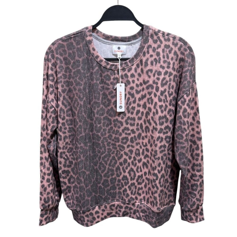 Sundry Women Size Small (4-6) Leopard Print Crewneck Sweatshirt Garment Dyed NWT